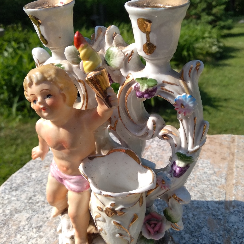 🆘  🫢 Vintage Cherub Candlestick Rococo Porcelain CAPODIMONTE MCM RELOCATE ASAP